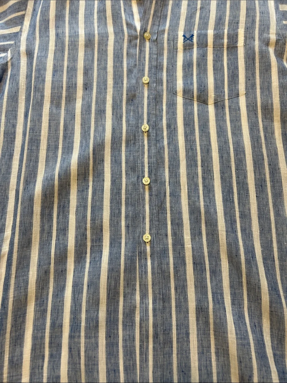 Men’s J. Crew Navy and White Vertical Stripe Button-Down Shirt Linen Blend L